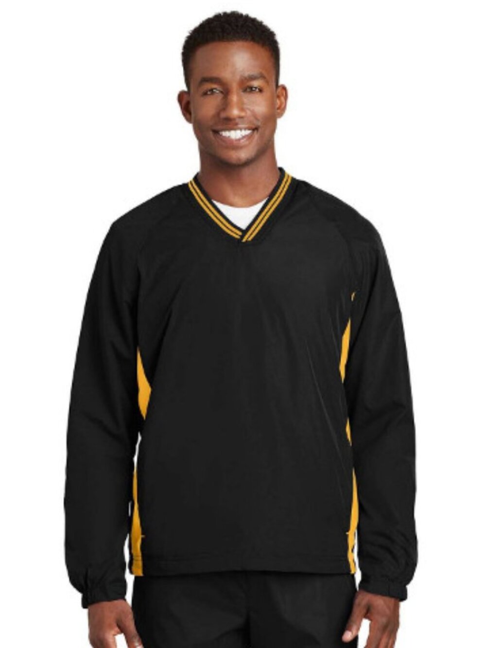 Sport-Tek JST62 Men's Tipped V-Neck Raglan Wind Shirt - Black/ Gold